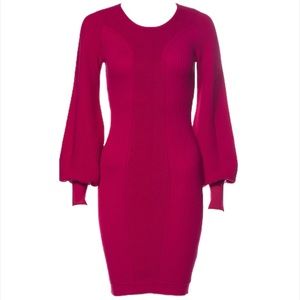 Karen Millen Pink Ribbed Bodycon Bishop Sleeve Dress
